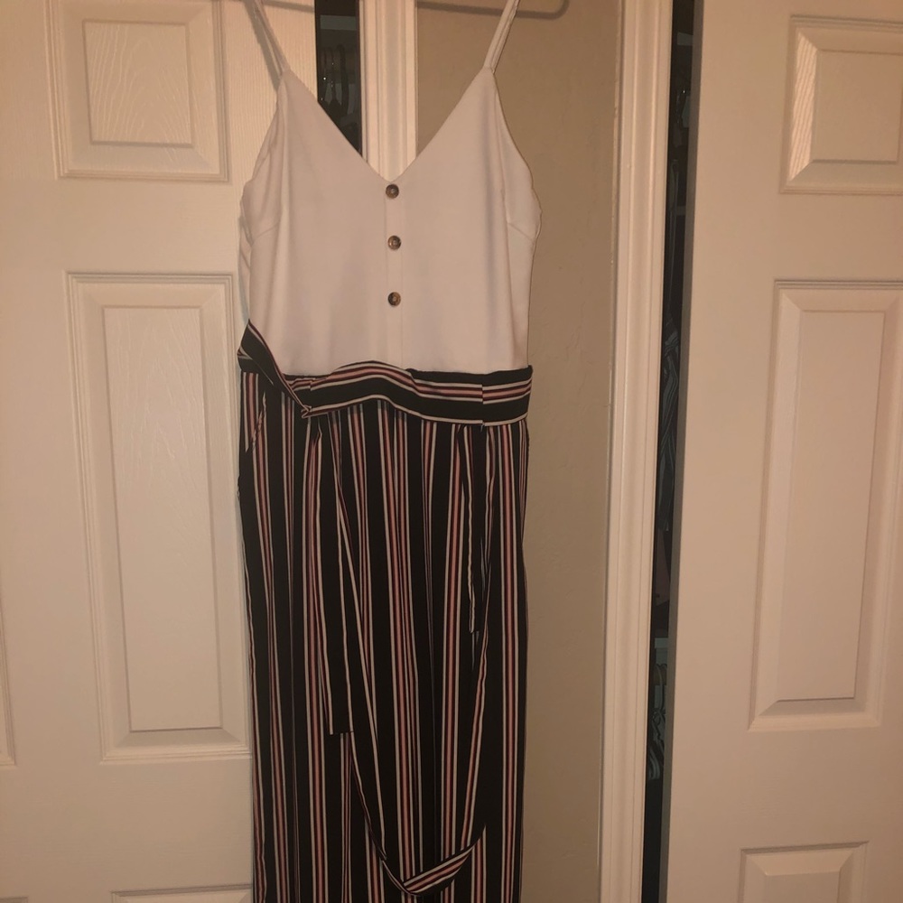 White top/ striped bottom jumpsuit
